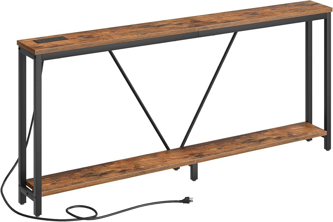 HOOBRO 70.9" Extra Long Sofa Console Table with Charging Station, 2-Tier Behind Couch Table with V-Brace, for Narrow Entryway, Hallway, Living Room, Rustic Brown BF186UXG01