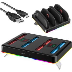 FUNDIARY Switch 2 Controller Grip Charger, [9 Lights Modes] 4 in 1 Charging Dock for Nintendo 2 Controllers, Fast Charge Station for Switch 2 Accessories Kits with USB Type-C Charging Cable, Black