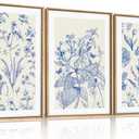 KAIRNE Blue and White Floral Wall Art Set of 3-16x24 Inch Chinoiserie Framed Canvas Art Prints, Navy Watercolor Botanical Flower Painting, Wildflower Decor for Living Room, Bedroom, Bathroom, Home