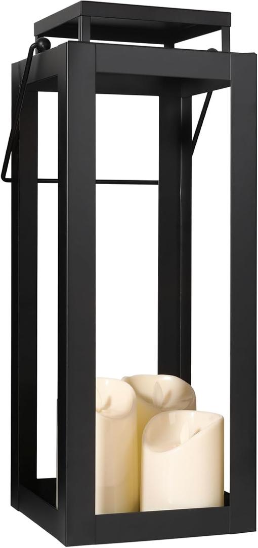 12.4" Black Metal Modern Candle Lantern Decorative Hurricane Lantern for Indoor & Outdoor Use, Ideal for Table, Black Lantern for Mantle, Halloween, Christmas, and Wedding Decor (No Glass Panel)