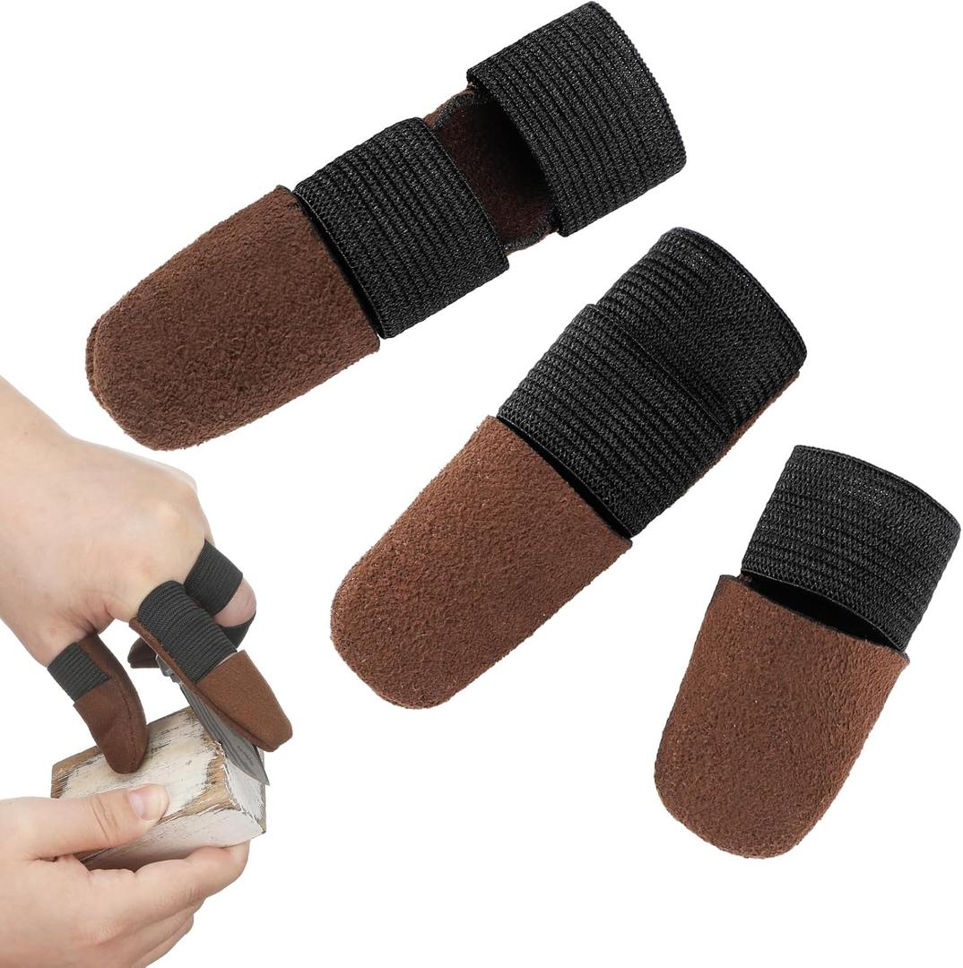 Aliceset 3 Pcs Thumb and Finger Guards for Wood Carving 3 Size Durable Leather Finger Protectors for Crafting Woodworking Kit, Comfortable Fit for All Hand Sizes