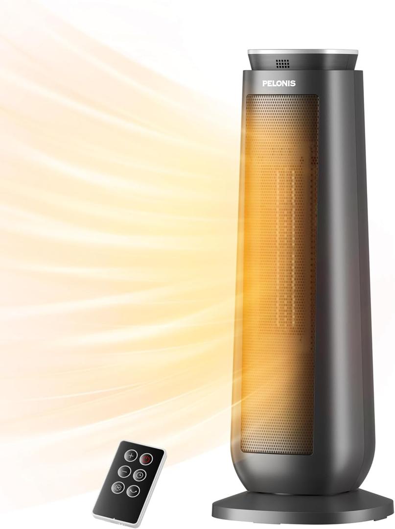 PELONIS PTH15A4BGB Ceramic Tower 1500W Indoor Space Heater with Oscillation, Remote Control, Programmable Thermostat & 8H Timer, ECO Mode, Tip-Over Switch & Overheating Protection, Gray