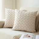Velvet Decorative Throw Pillow Covers Set of 2, 18x18 Inch Soft Modern Weave Cushion Case, Farmhouse Home Decor Pillowcase for Sofa Living Room Couch Bed Cream White