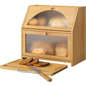 Bamboo Bread Box with Cutting Board, Double Layer Extra Large Bread Storage Bin with Door Panel for Kitchen Counter (Natural)