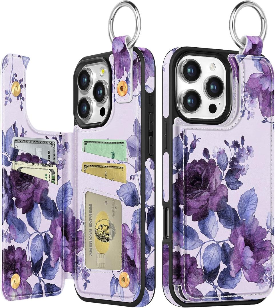 Shorogyt Compatible with iPhone 16 Pro Max Wallet Case with Card Holder - Cute Purple Flower Design Kickstand for Magnetic Clasp Back Flip Folio Leather Phone Covers for Women Men Girls