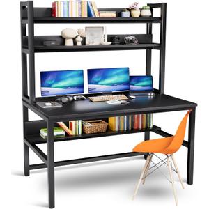 Aquzee Computer Desk with Hutch and Bookshelves, Large Leg Room 55 inch Width Black Desk with Space Saving Storage Shelves, Easy Assemble and All Hardware and Tools Included