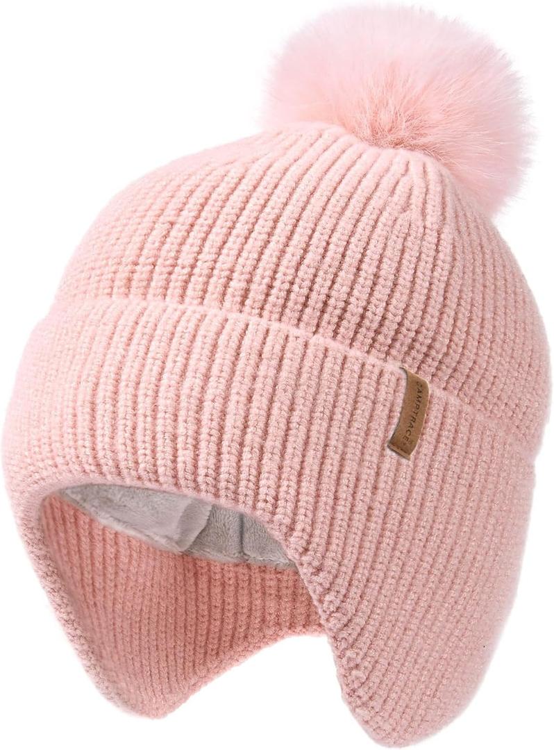 Camptrace Toddler Baby Winter Hat Warm Fleece Lined Knit Kids Hat with Earflap Infant Newborn Pom Beanie Knit Cap Girls Boys (6-24 Months, Pink)