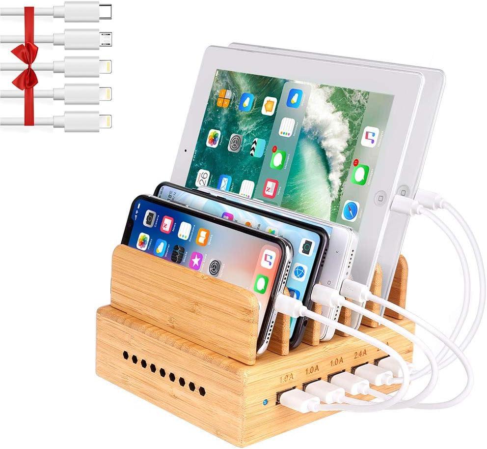 Bamboo Charging Station, Wood Charging Station for Multiple Devices with 5 Ports USB Charger Docking Station for iPhone, iPad,Tablet, and Android Cell Phone