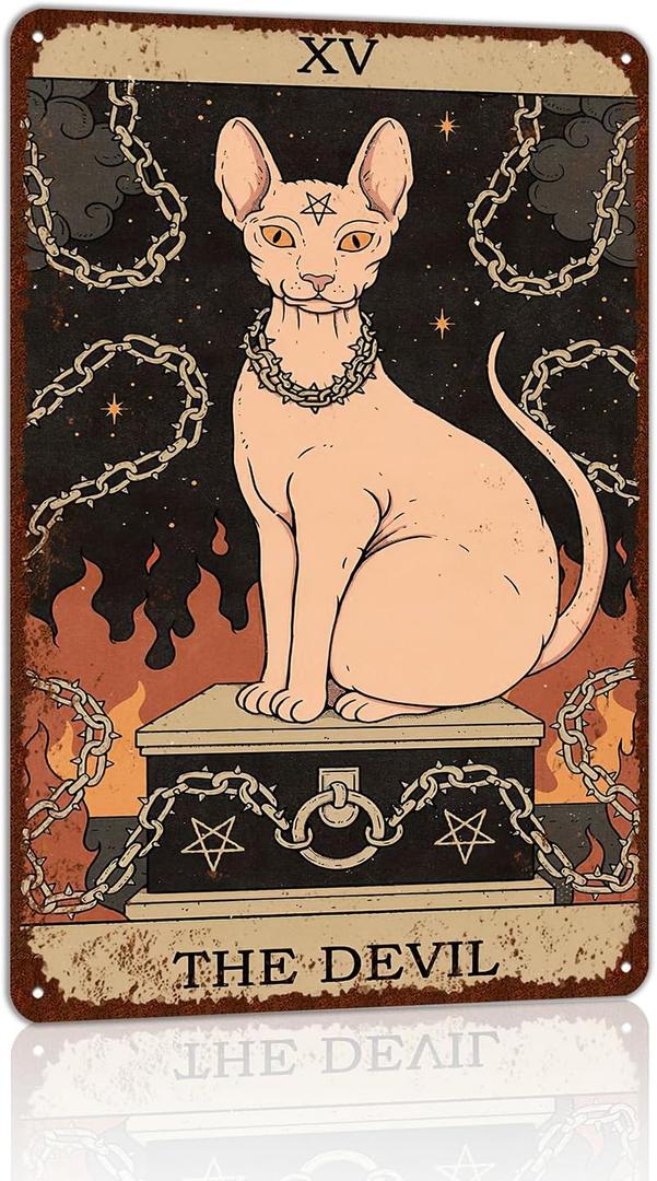 Vintage Cat Tin Sign Retro Tarot Card Metal Sign Poster Wall Art Decor Bathroom Dorm Room Home Decor - Devil