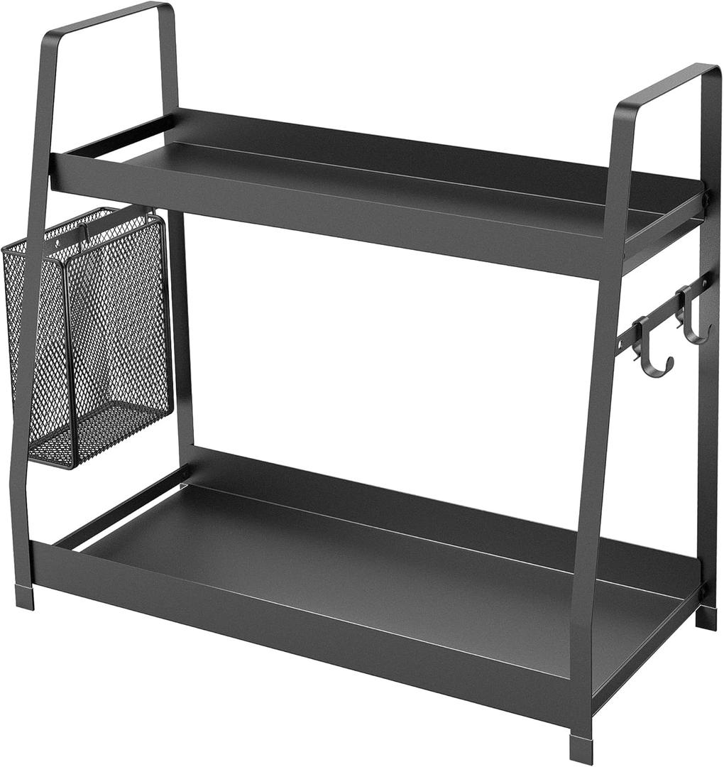 OROPY 2 Tier Spice Rack for Countertop, Metal Standing Kitchen Storage Organizer Shelf, Counter Shelf for Cabinet,Pantry,Bathroom,Bedroom, with Hanging Basket