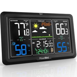 Weather Station Wireless Indoor Outdoor Thermometer, Wide Viewing Angle Home Weather Stations, Colorful Large 7.6" Display, Atomic Clock Weather Forecast Adjustable Backlight, Black