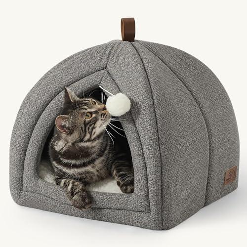 Bedsure Cat Beds for Indoor - 2 in 1 Cat Cave House Tent for Kittens and Small Pets with Removable Washable Cushioned Pillow, Foldable Kitten Hideaway with Non-Slip Bottom, Grey, 16 inches