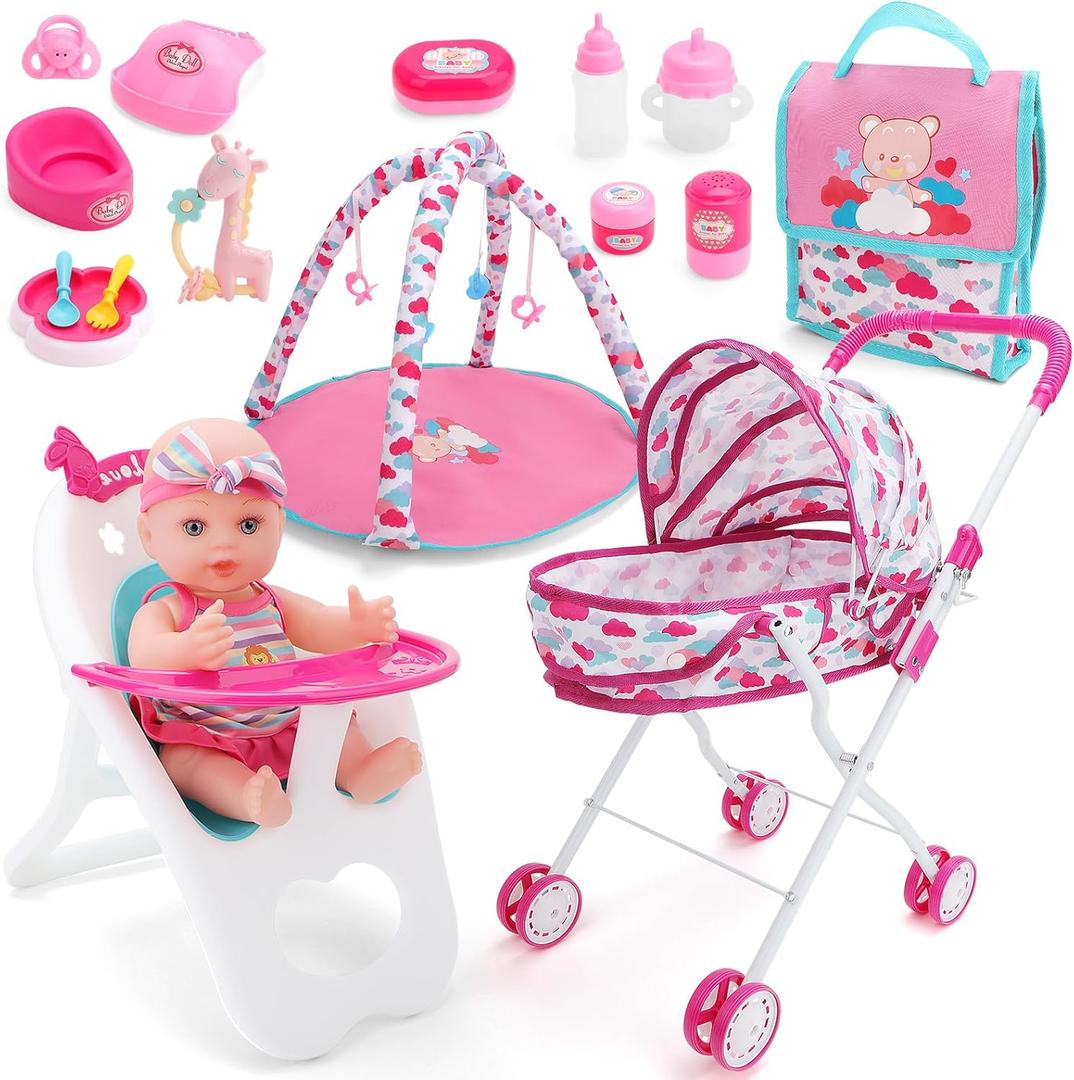 deAO Baby Doll Stroller Set With Nursery Accessories - High Chair, Play Mat, Travel Bag and Feeding Toys for Role Play, Gift for Girls