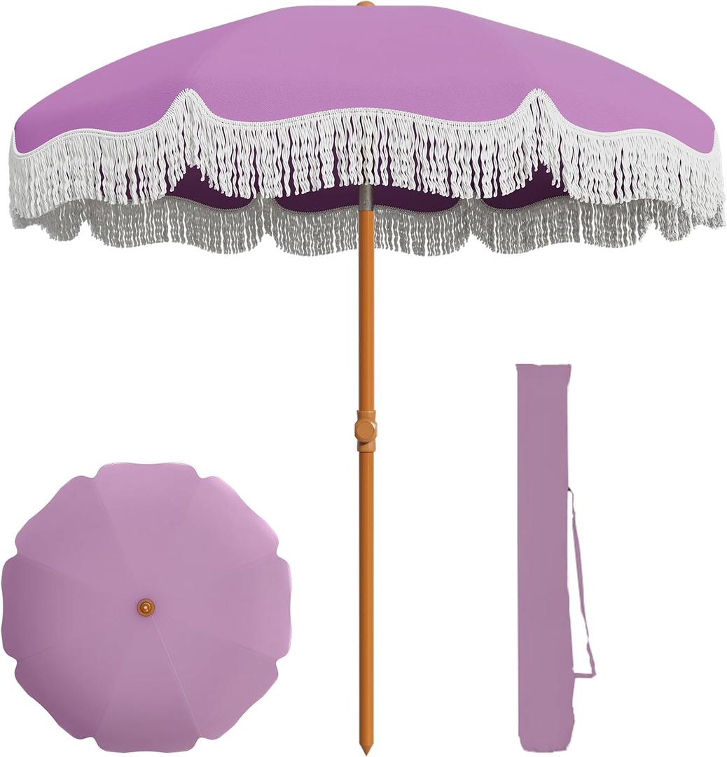 AreShark 7ft Patio Umbrella with Fringe, UPF50+ Beach Umbrella for Table, Pool & Garden, Portable Outdoor Tassels Umbrella w/Fiberglass Ribs&Push Bottom Tilt (Lavender)