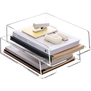 Enlarged Letter Paper Tray - Clear Acrylic Desk Organizers for Document Organization and File Storage - Stackable Office Accessories - 2 Pack (Large Tray V)