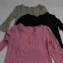 Ficerd 3 Pack Women's 3/4 Sleeve Henley Shirts, Cotton V Neck Ribbed Knit Slim Fit Shirts Tight Basic Tee (Large, Black, Gray Green, Pink)