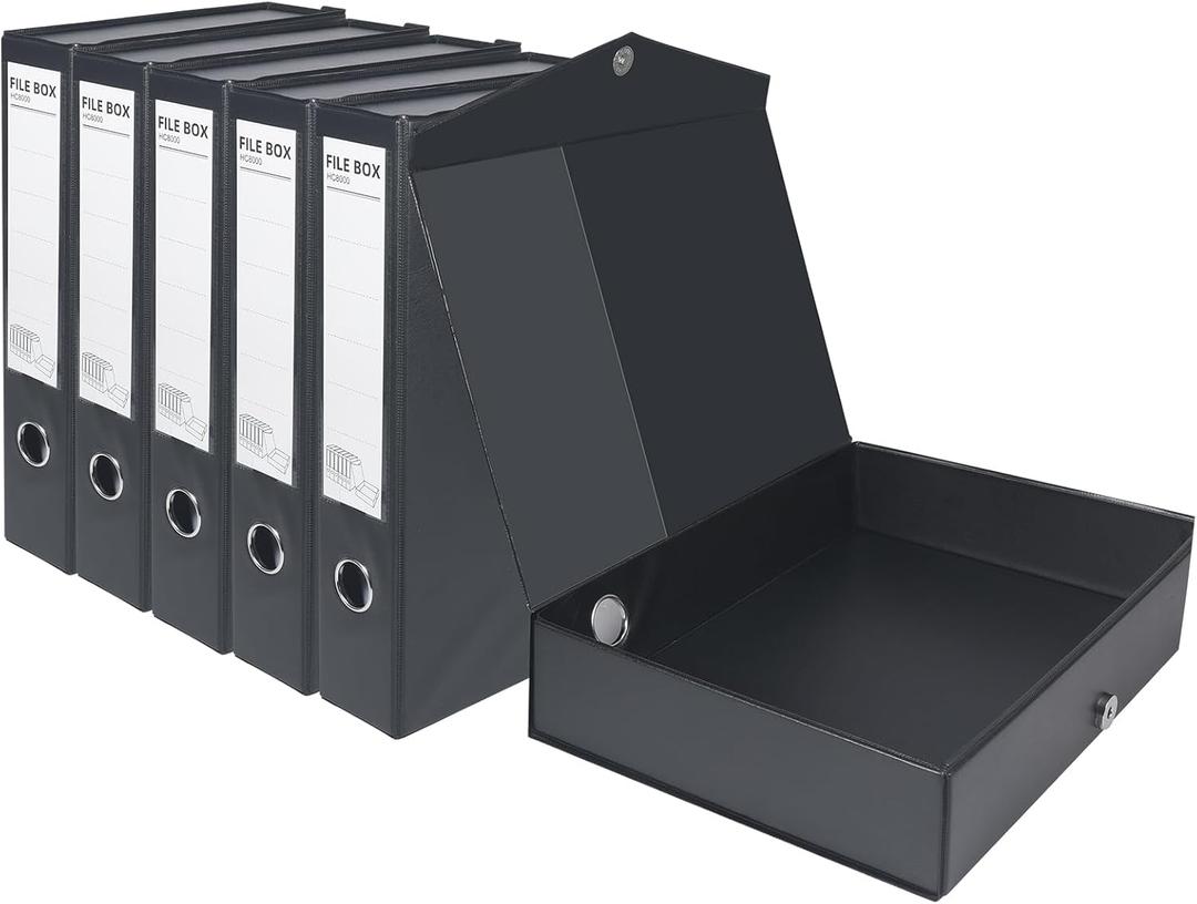 HUA JIE A4 Storage File Boxes Plastic Archives Cases, PVC File Folder Organizer Document Storage Filing Box for office,32.56.524 cm, Black(Pack of 6) (Black without clip)