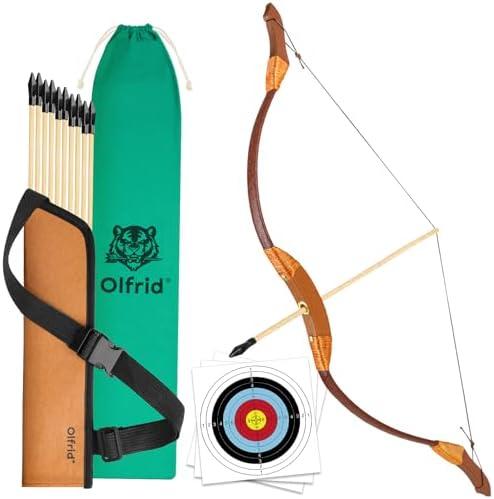 Olfrid Wooden Bow and Arrow for Kids Archery Games, Kids Bow and Arrow Set with 10 Arrows, 3 Targets, Quiver & Storage Bag, Kids Archery Set Toy for Left Or Right Handers Sports & Outdoor Play pack of 3