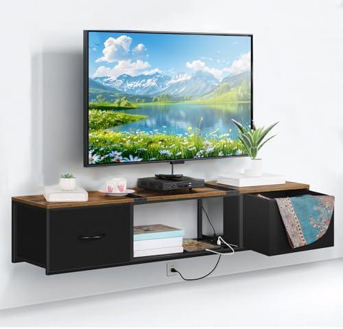 Vrisa Wall Mounted TV Stand for Living Room Floating Media Console with Drawers Wall Mount Entertainment Center Floating TV Stand with Power Outlets Farmhouse TV Console Wall Mount, Rustic Brown
