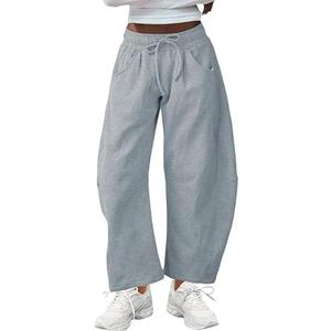 SeekMe Women's Barrel Leg Sweatpant Drawstring Elastic Waisted Wide Leg Pants Casual Cotton Palazzo Trousers with Pockets, Medium
