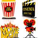 4 Pieces Movie Night Decorations Movie Theater Table Wooden Centerpieces Sign Hollywood Theme Party Decorations for Cinema Movie Time Birthday Party Favors Supplies