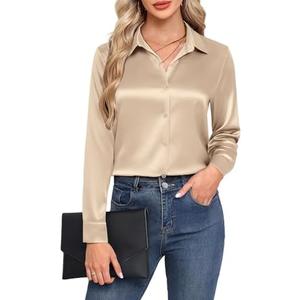 HOTOUCH Satin Shirts for Women Silk Button Down V Neck Dressy Casual Blouse Loose Long Sleeve Office Work Tunic Tops M