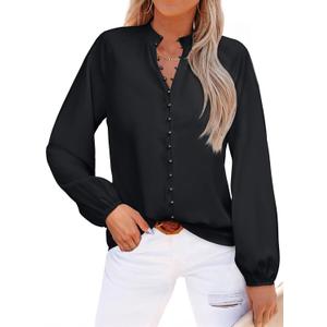 AGSEEM Womens Button Down Shirts Lantern Long Sleeve Boho Floral Print Chiffon Dressy Business Casual Blouses Tops 2026 (Black, L)