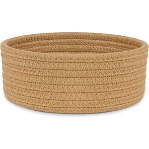 ABenkle Small Woven Basket, Empty Tiny Shallow Storage Basket, Mini Cotton Rope Baskets, Round Decorative Hamper, Basket Storage Bins for Toys, Spa, Socks, Nursery, Living Room- Brown