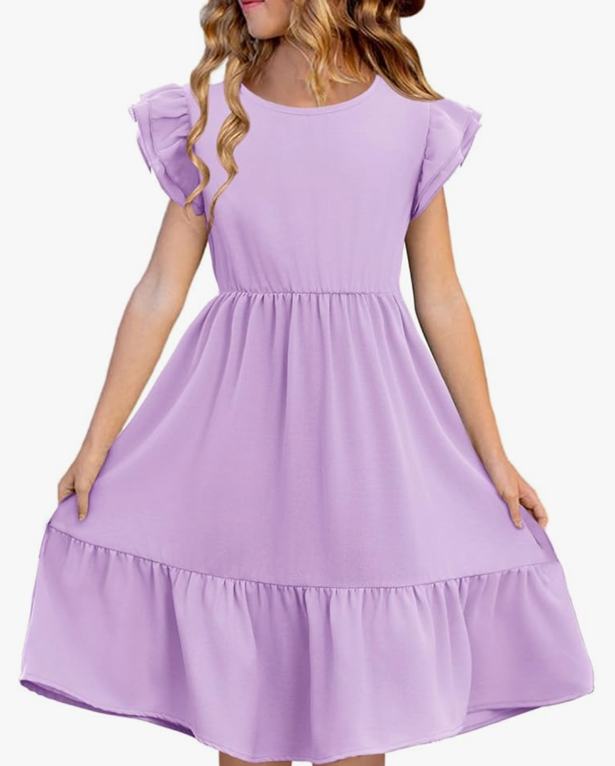 Girls Dresses Kids Summer Double Layer Ruffle Sleeve Dress 5-14 Years