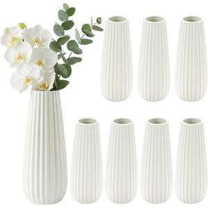 Qinyoung White Ceramic Bud Vase Set of 4, 8'' Small White Flower Vase for Centerpieces Floral Decor for Wedding Party Dining Table Home Decoration(Minimalist)