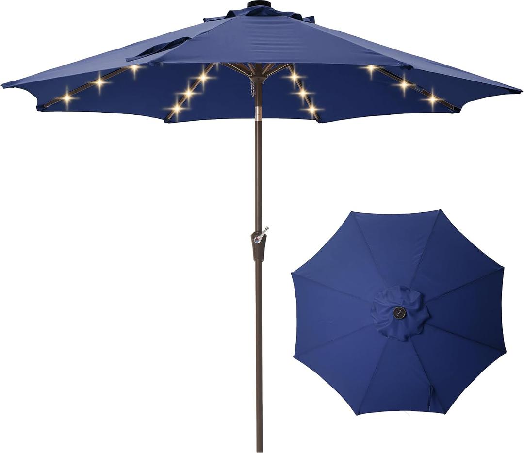 9FT Solar-Powered LED Patio Umbrella with Tilt Crank,Outdoor Market Umbrella with 32 Lights,Sunshade for Deck, Garden and Pool