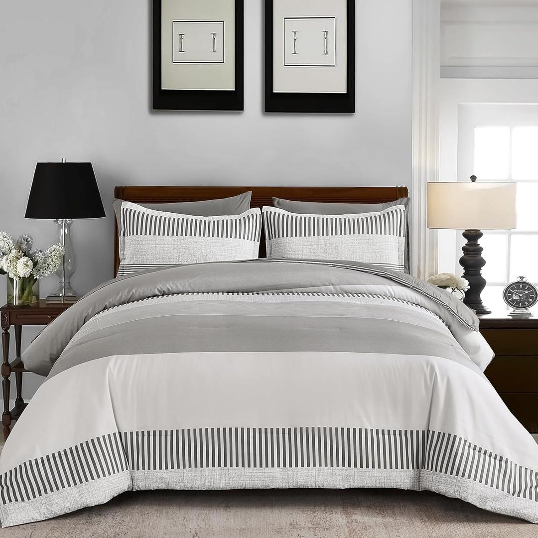 Cottolester Gray Comforter Queen 7 Pieces,Classic Striped Design Comforter Set,Grey Bedding Sets for Kids/College,Simple Neutral-Style Comfortable Comforter Set