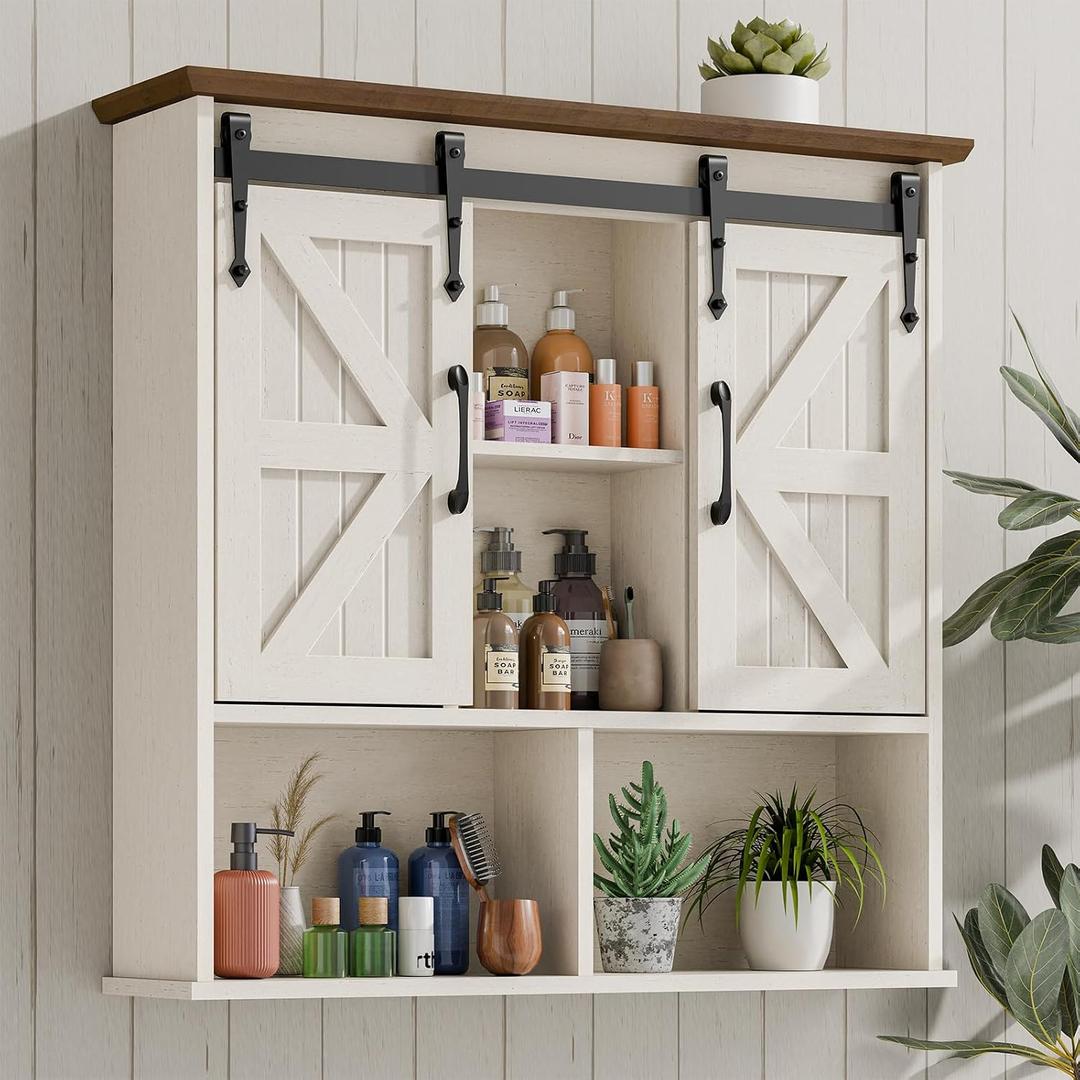 Vabches Bathroom Wall Cabinet, Farmhouse Medicine Cabinet with Double Sliding Barn Door and Adjustable Shelves, Wooden Vintage Storage Cabinet Wall Mounted for Bathroom, Kitchen Dining, Rustic White, 31.5"W x 30.7"H x 7.76"D