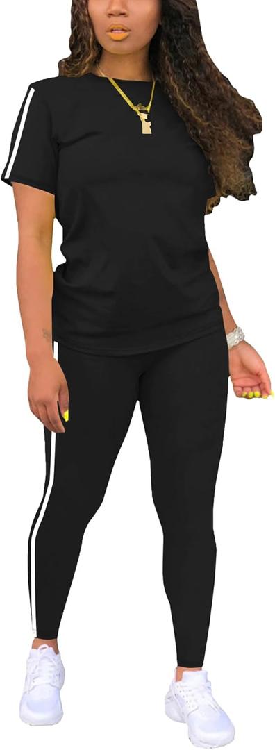 Women's 2 Piece Outfits Sweatsuit Summer Workout Striped Short Sleeve Long Sweatpants Casual Jogging Lounge Set (Large, Black)