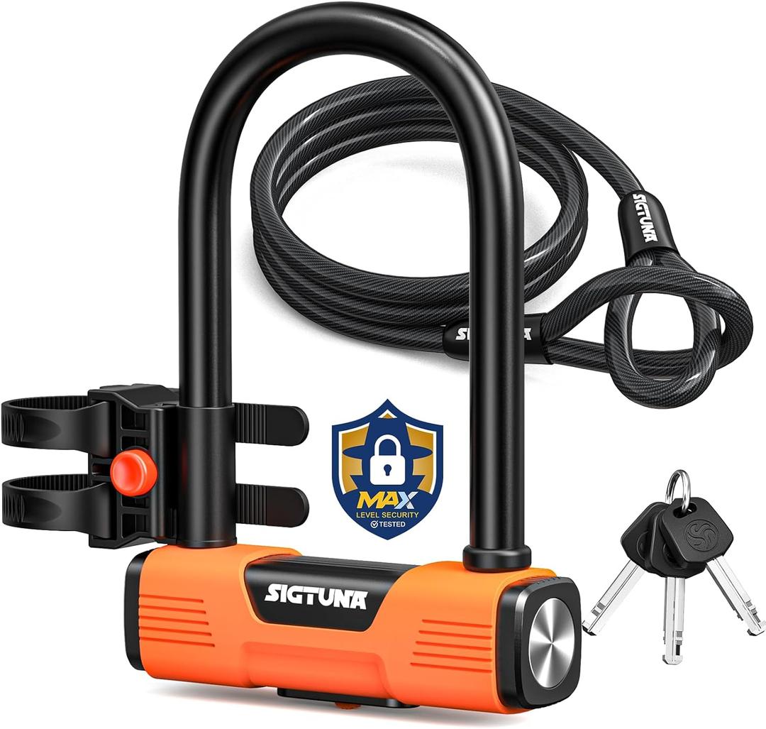Bike U Lock - Sigtuna Bike Lock Cut Resistant, Heavy Duty Anti-Theft with 4ft/1.2m Cable, Bicycle Lock Made in Cut-Resistant Special Steel with Sturdy Mounting Bracket for Bikes, Ebikes, Scooters. (Hermes orange)