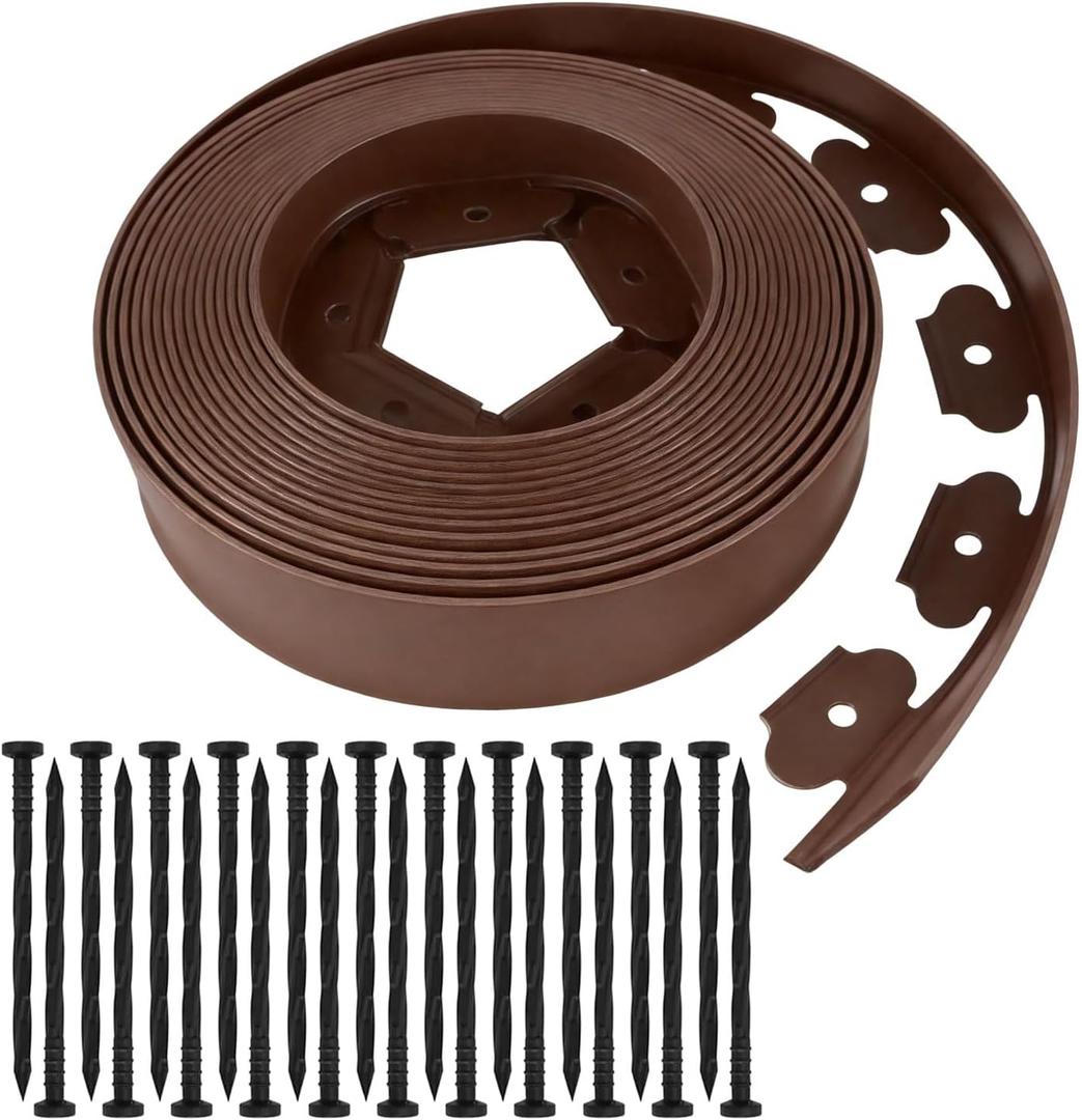 Garden Edging Border,100 Foot Lawn Edging Kit with 90 PCS Spikes, 2 Inch Tall Landscape Edging Roll for Garden, Lawn, Flower Beds, Grass, Yard(Brown)