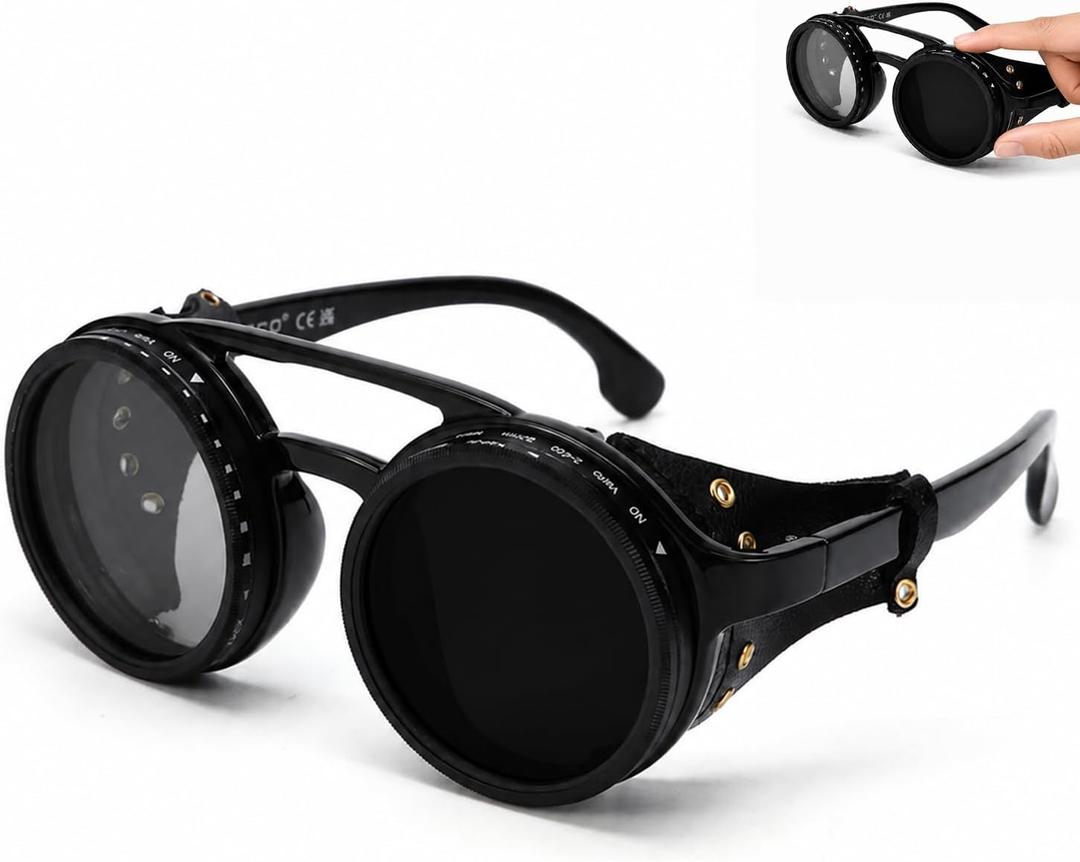 Adjustable Tint Steampunk Sunglasses ND Filter, UV400 Polarized Retro Round Shades, Leather Side Shields