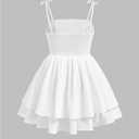 SHENHE Girl's Smocked Ruched A Line Swing Dress Layered Tie Shoulder Flowy Cami Short Dress (White)