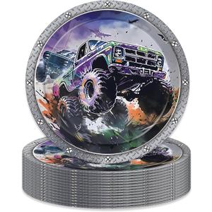 OXYLIPO 9" Monster Trucks Paper Plates Celebrate Party Tableware Round Disposable Dinner Paper Plates Set Monster Trucks Theme Party Paper Plates Festival Party Supplies, Pack of 24
