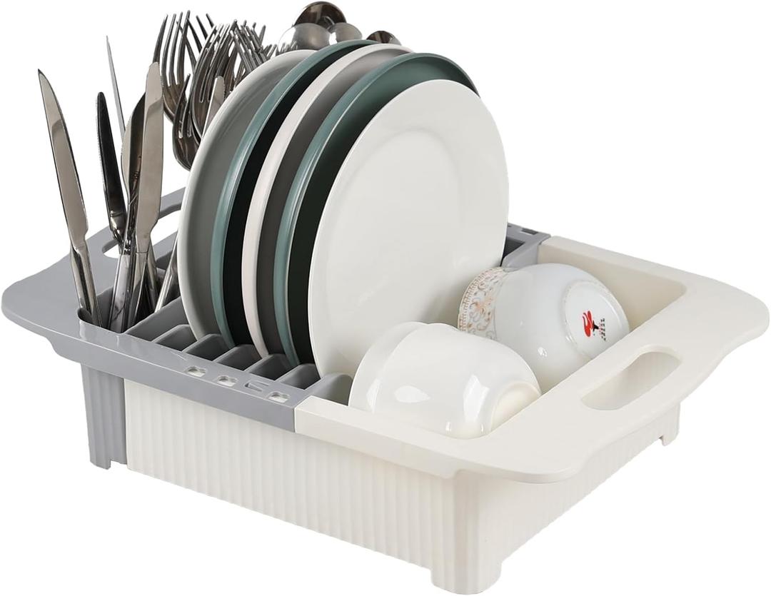 Expandable Dish Drying Rack, Plastic Multifunctional Dish Drainer Basket Shelf, Over The Sink Colander Strainer Basket