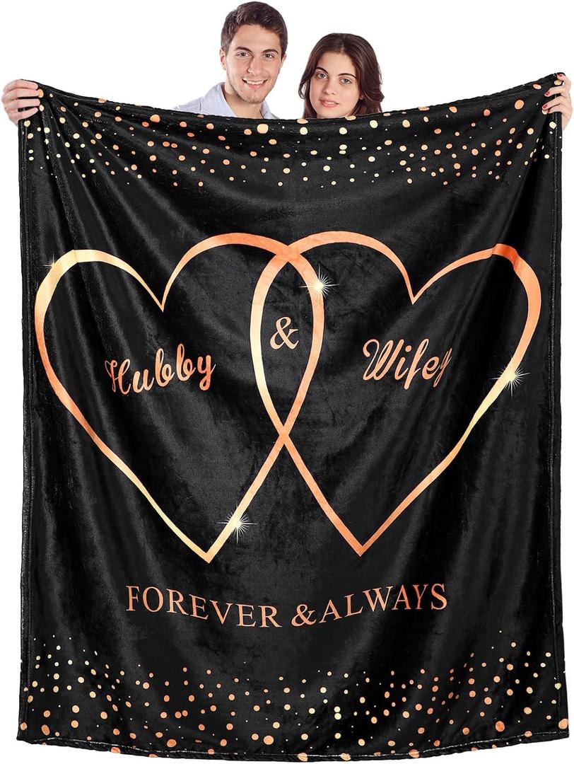 Ganeen Wedding Blanket for Couples Hubby and Wifey Throw Blanket 60 x 50 Inch Engagement Anniversary Marriage Gift for Bride Groom Newlyweds Soft Couples Gift for Room Decor(Romantic,Black)