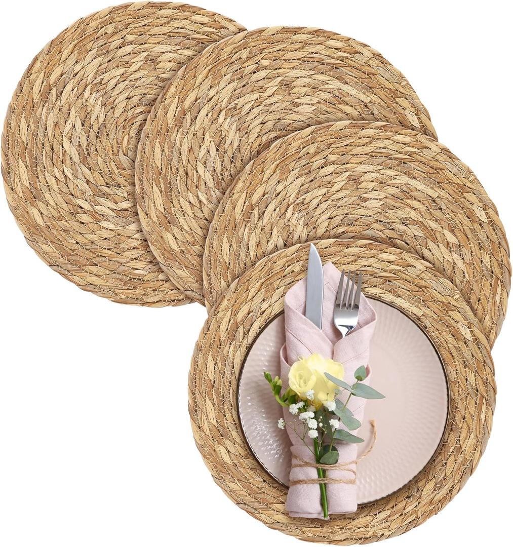 Aneco 4 Pack 13.8-Inch Round Woven Placemats Natural Hand-Woven Boho Rattan Wicker Bulrush Placemat Farmhouse Rustic Braided Table Mats for Dining & Kitchen Decor Aneco 4 Pack 13.8-Inch Round Woven Placemats Natural Hand-Woven Boho Rattan Wicker Bulrush Placemat Farmhouse Rustic Braided Table Mats for Dining & Kitchen Decor