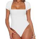 REORIA Womens Fashion Sexy Square Neck Double Lined Fitted Shirts Stretchy Short Sleeve Slimming Going Out Thong Bodysuit Tops White Large