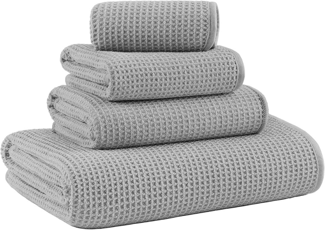 Waffle Weave Bath Towel Set, Microfiber, 4 Pieces, Quick Dry, Lightweight, Super Absorbent, Lint Free, 380 GSM (Silver)