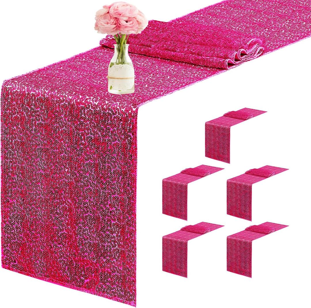 6 Packs 12 x 72 inches Sequin Table Runner, Hot Pink Glitter Table Runner for Birthday Party Supplies Wedding Engagement Baby Shower Holiday Celebration Event Decorations