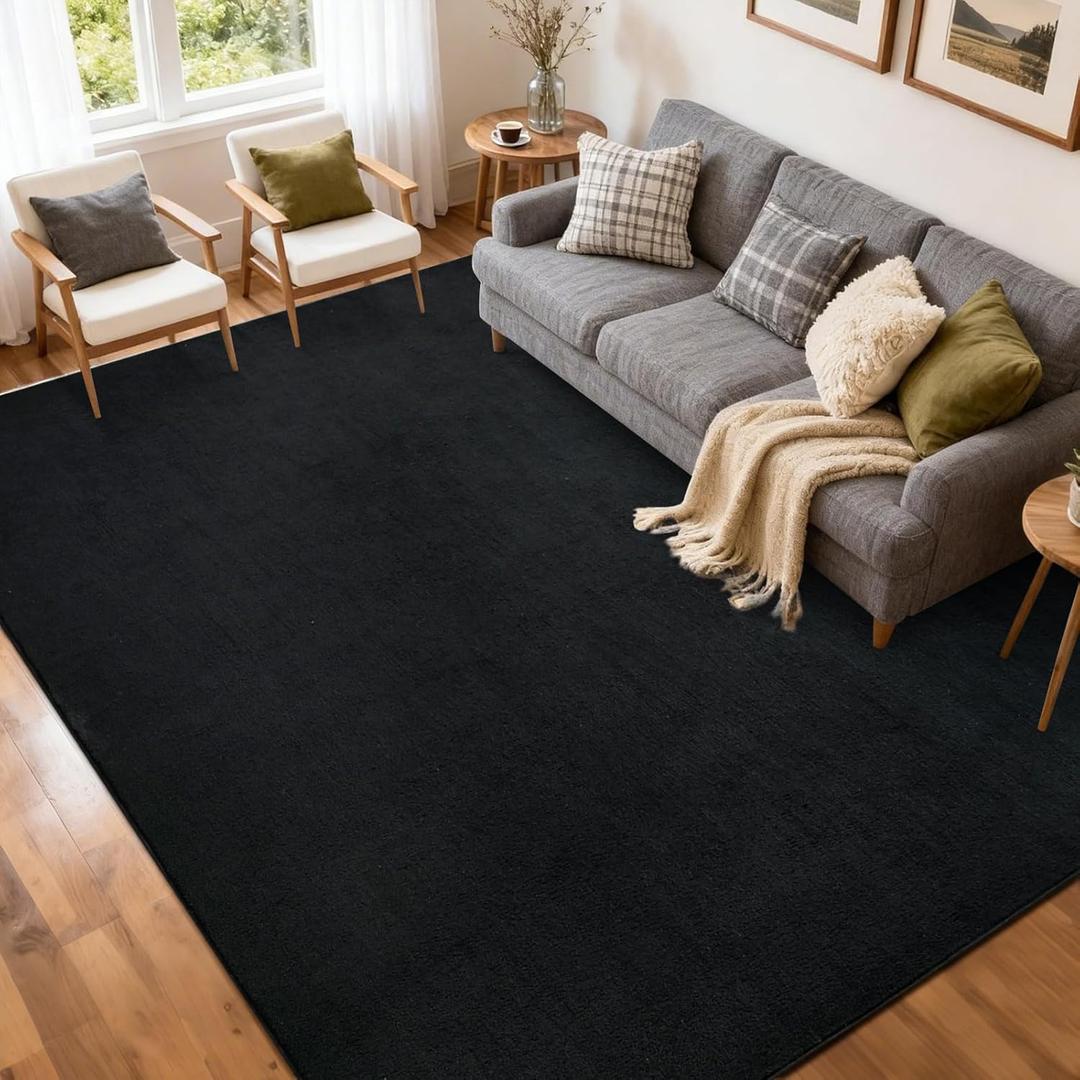 FinRec 5x7 Washable Area Rugs for Bedroom Living Room, Low Pile Thin Rug Solid Color, Non-Slip Carpet Indoor for Home Decor (Pure Black)