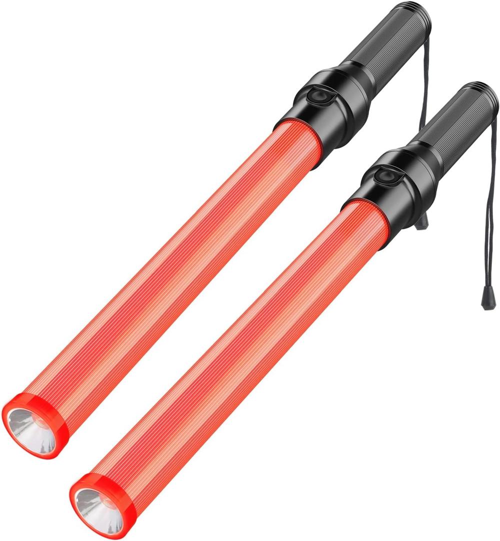 RoadHero 2 Pack Traffic Batons, 21 Inch Led Traffic Control Baton, Night Safety Light Wands with 3 Flashing Modes, Air Marshaling Signal Wand Plus White LED on Tip for Airport, Parking, Car Directing