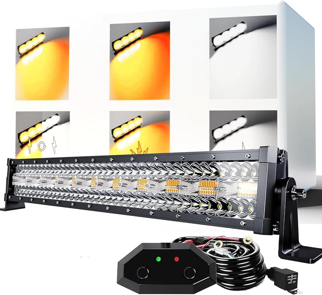 ASLONG 22 Inch 120W LED Light Bar White/Amber Flasing Strobe with Six Modes Spot Flood Combo Offroad Driving Light, 1pcs Wiring Harness Switch for Pickup Offroad Truck 4WD SUV ATV UTV