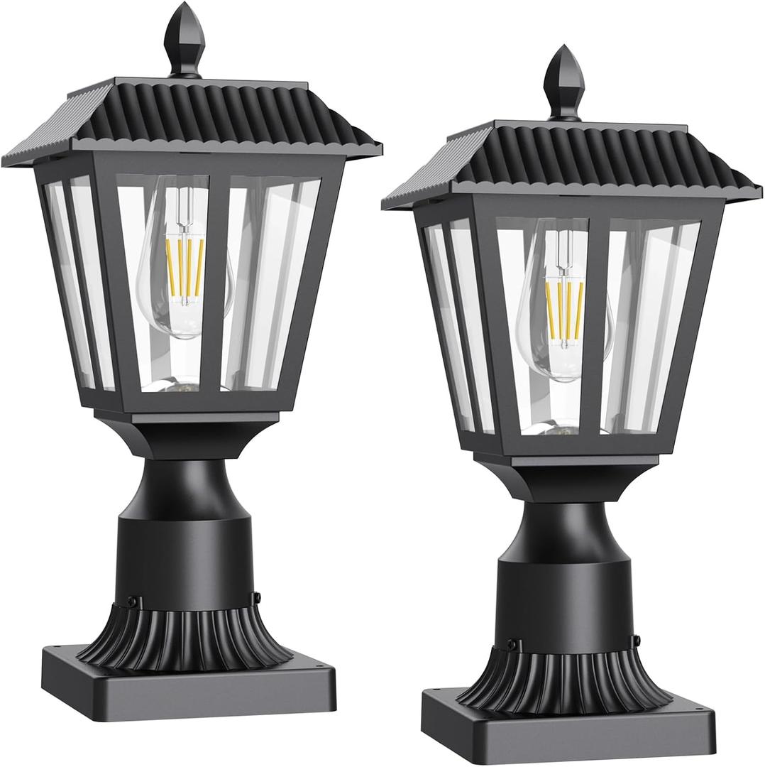 Greluna Solar Post Lamp Lights, 2 Pack 6000K Dusk to Dawn Solar Light with Pier Mount Base, Post Lights Outdoor Waterproof for Garden Yard Landscape Pole Pillar, Outside Decorative Lamp