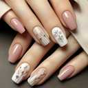 Square Press on Nails Medium Fake Nails with Heart Lines Designs Glossy White Yellow Nude Nails Press ons Spring Acrylic Artificial Stick on Nails for Women 24Pcs